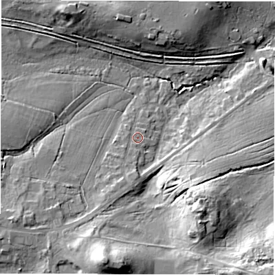 Shaded relief map of the ground around SO437BR, computed from Environment Agency LiDAR. The ground here sits at about 33 m above sea level and falls 25 m across the surrounding 800 m. Surface water reaching this point runs off ground lying to the south-south-west, 3.2 m higher.