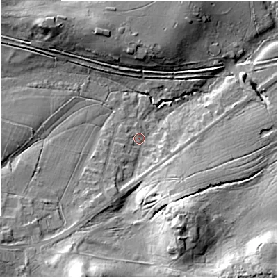 Shaded relief map of the ground around SO437BS, computed from Environment Agency LiDAR. The ground here sits at about 31 m above sea level and falls 25 m across the surrounding 800 m. Surface water reaching this point runs off ground lying to the south-south-west, 19.3 m higher.
