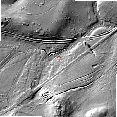 Shaded relief map of the ground around SO437BW, computed from Environment Agency LiDAR. The ground here sits at about 29 m above sea level and falls 22 m across the surrounding 800 m. Surface water reaching this point runs off ground lying to the south, 17.7 m higher.