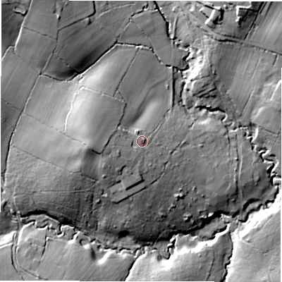 Shaded relief map of the ground around SO437HE, computed from Environment Agency LiDAR. The ground here sits at about 53 m above sea level and falls 27 m across the surrounding 800 m. Surface water reaching this point runs off ground lying to the west-south-west, 8.3 m higher.