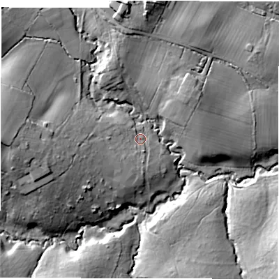Shaded relief map of the ground around SO437HF, computed from Environment Agency LiDAR. The ground here sits at about 41 m above sea level and falls 27 m across the surrounding 800 m. Surface water reaching this point runs off ground lying to the west-south-west, 13.3 m higher.