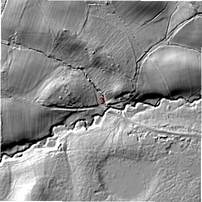 Shaded relief map of the ground around SO437JA, computed from Environment Agency LiDAR. The ground here sits at about 34 m above sea level and falls 20 m across the surrounding 800 m. Surface water reaching this point runs off ground lying to the north-north-west, 14.3 m higher.