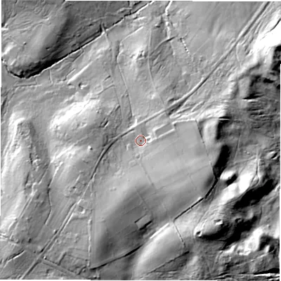 Shaded relief map of the ground around SO437JJ, computed from Environment Agency LiDAR. The ground here sits at about 42 m above sea level and falls 24 m across the surrounding 800 m. Surface water reaching this point runs off ground lying to the south-east, 10.1 m higher.
