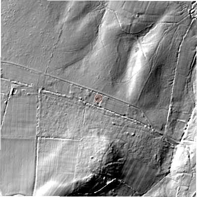 Shaded relief map of the ground around SO437JL, computed from Environment Agency LiDAR. The ground here sits at about 44 m above sea level and falls 26 m across the surrounding 800 m. Surface water reaching this point runs off ground lying to the south-south-west, 15.9 m higher.