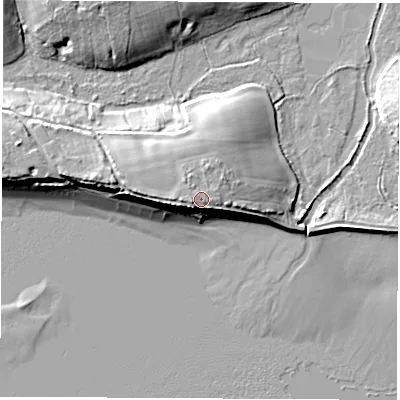 Shaded relief map of the ground around SO451AD, computed from Environment Agency LiDAR. The ground here sits at about 8 m above sea level and falls 11 m across the surrounding 800 m. Surface water reaching this point runs off ground lying to the east, 0.6 m higher.