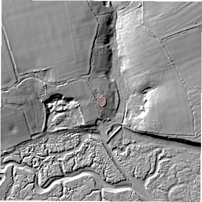 Shaded relief map of the ground around SO451AE, computed from Environment Agency LiDAR. The ground here sits at about 7 m above sea level and falls 17 m across the surrounding 800 m. Surface water reaching this point runs off ground lying to the north-west, 3.1 m higher.