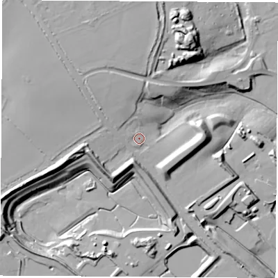 Shaded relief map of the ground around SO451BB, computed from Environment Agency LiDAR. The ground here sits at about 20 m above sea level and falls 25 m across the surrounding 800 m. Surface water reaching this point runs off ground lying to the north-west, 8.7 m higher.