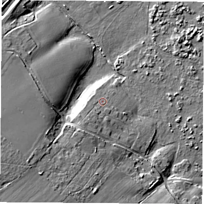 Shaded relief map of the ground around SO451BH, computed from Environment Agency LiDAR. The ground here sits at about 8 m above sea level and falls 16 m across the surrounding 800 m. Surface water reaching this point runs off ground lying to the south-west, 6.7 m higher.