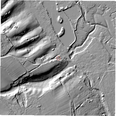 Shaded relief map of the ground around SO451DT, computed from Environment Agency LiDAR. The ground here sits at about 7 m above sea level and falls 30 m across the surrounding 800 m. Surface water reaching this point runs off ground lying to the west-south-west, 17.6 m higher.