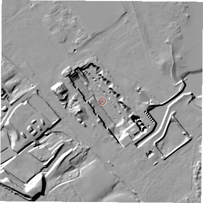 Shaded relief map of the ground around SO451TW, computed from Environment Agency LiDAR. The ground here sits at about -8 m above sea level and falls 34 m across the surrounding 800 m. Surface water reaching this point runs off ground lying to the west-south-west, 21.2 m higher.