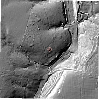 Shaded relief map of the ground around SO452HD, computed from Environment Agency LiDAR. The ground here sits at about 29 m above sea level and falls 22 m across the surrounding 800 m. Surface water reaching this point runs off ground lying to the north-west, 7.1 m higher.
