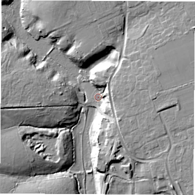 Shaded relief map of the ground around SO452HE, computed from Environment Agency LiDAR. The ground here sits at about 24 m above sea level and falls 19 m across the surrounding 800 m. Surface water reaching this point runs off ground lying to the east, 14.3 m higher.