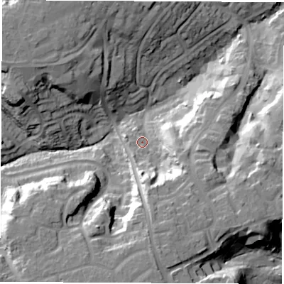 Shaded relief map of the ground around SO453LD, computed from Environment Agency LiDAR. The ground here sits at about 18 m above sea level and falls 35 m across the surrounding 800 m. Surface water reaching this point runs off ground lying to the south, 22.8 m higher.