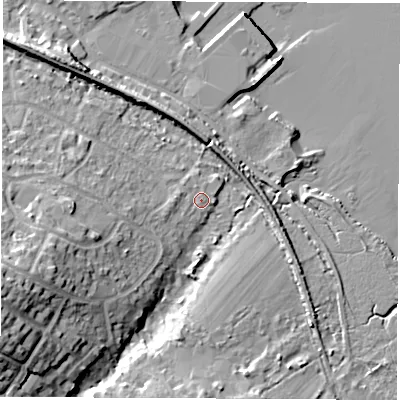 Shaded relief map of the ground around SO453LS, computed from Environment Agency LiDAR. The ground here sits at about 3 m above sea level and falls 23 m across the surrounding 800 m. Surface water reaching this point runs off ground lying to the west-south-west, 18.9 m higher.