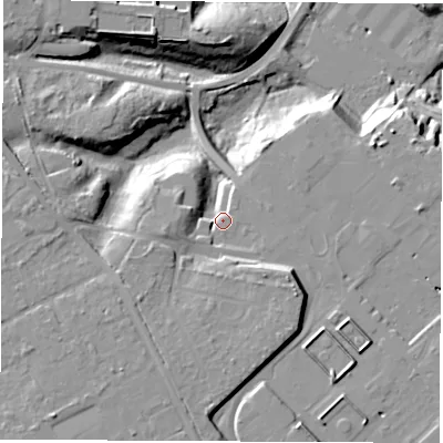Shaded relief map of the ground around SO453NP, computed from Environment Agency LiDAR. The ground here sits at about 30 m above sea level and falls 24 m across the surrounding 800 m. Surface water reaching this point runs off ground lying to the south-south-west, 9.6 m higher.