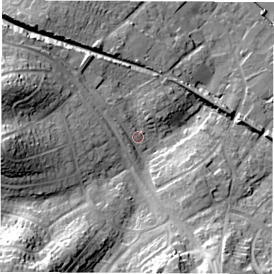 Shaded relief map of the ground around SO454HU, computed from Environment Agency LiDAR. The ground here sits at about 6 m above sea level and falls 29 m across the surrounding 800 m. Surface water reaching this point runs off ground lying to the north-west, 10.5 m higher.
