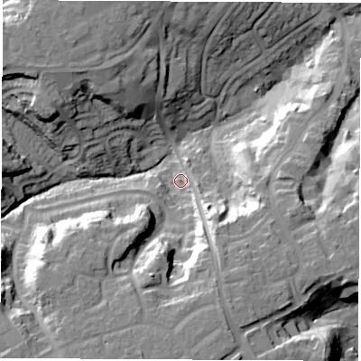 Shaded relief map of the ground around SO454NB, computed from Environment Agency LiDAR. The ground here sits at about 17 m above sea level and falls 35 m across the surrounding 800 m. Surface water reaching this point runs off ground lying to the south-south-west, 25.0 m higher.