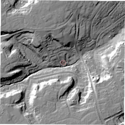 Shaded relief map of the ground around SO454NL, computed from Environment Agency LiDAR. The ground here sits at about 18 m above sea level and falls 31 m across the surrounding 800 m. Surface water reaching this point runs off ground lying to the north-west, 11.7 m higher.