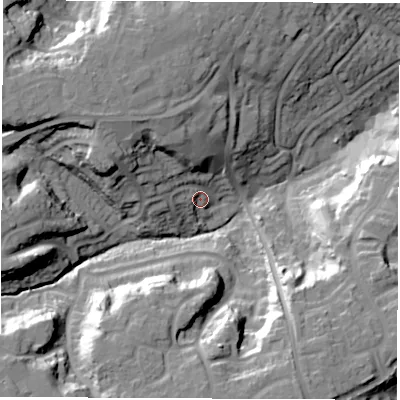Shaded relief map of the ground around SO454NP, computed from Environment Agency LiDAR. The ground here sits at about 18 m above sea level and falls 32 m across the surrounding 800 m. Surface water reaching this point runs off ground lying to the west-north-west, 19.0 m higher.