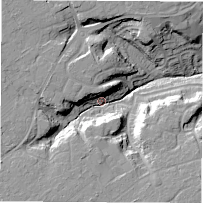 Shaded relief map of the ground around SO454NZ, computed from Environment Agency LiDAR. The ground here sits at about 26 m above sea level and falls 26 m across the surrounding 800 m. Surface water reaching this point runs off ground lying to the west-south-west, 18.7 m higher.