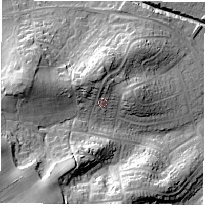 Shaded relief map of the ground around SO455DL, computed from Environment Agency LiDAR. The ground here sits at about 21 m above sea level and falls 29 m across the surrounding 800 m. Surface water reaching this point runs off ground lying to the north, 8.2 m higher.
