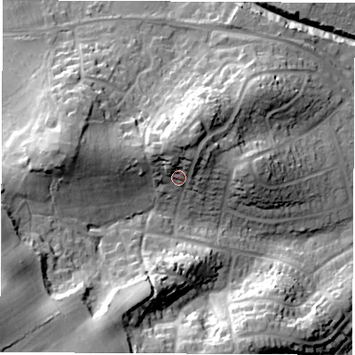 Shaded relief map of the ground around SO455DN, computed from Environment Agency LiDAR. The ground here sits at about 22 m above sea level and falls 30 m across the surrounding 800 m. Surface water reaching this point runs off ground lying to the north, 9.6 m higher.