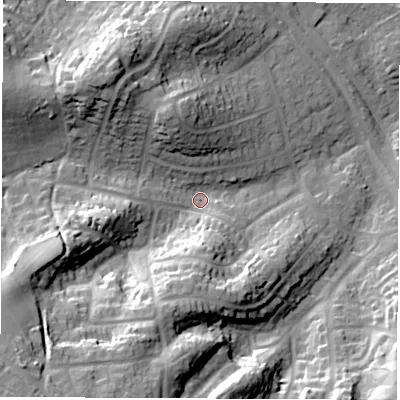 Shaded relief map of the ground around SO455DS, computed from Environment Agency LiDAR. The ground here sits at about 12 m above sea level and falls 35 m across the surrounding 800 m. Surface water reaching this point runs off ground lying to the south-west, 28.5 m higher.