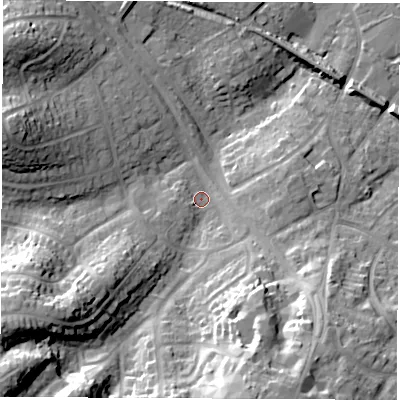 Shaded relief map of the ground around SO455FB, computed from Environment Agency LiDAR. The ground here sits at about 8 m above sea level and falls 31 m across the surrounding 800 m. Surface water reaching this point runs off ground lying to the south-west, 26.5 m higher.