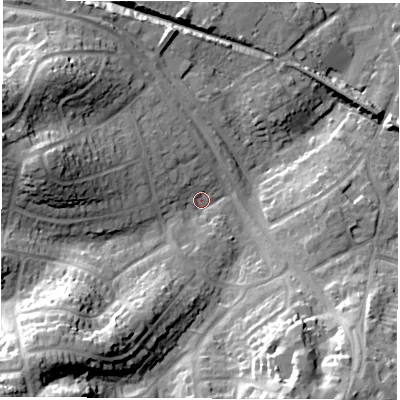 Shaded relief map of the ground around SO455FD, computed from Environment Agency LiDAR. The ground here sits at about 8 m above sea level and falls 32 m across the surrounding 800 m. Surface water reaching this point runs off ground lying to the south-west, 24.2 m higher.
