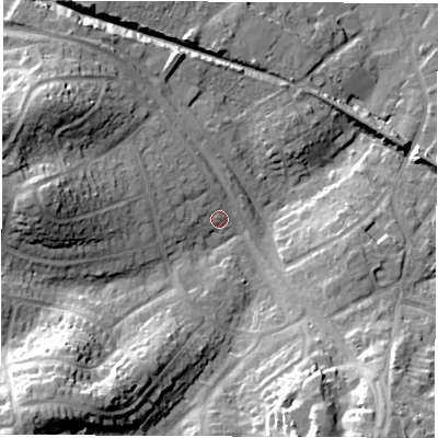 Shaded relief map of the ground around SO455FE, computed from Environment Agency LiDAR. The ground here sits at about 8 m above sea level and falls 30 m across the surrounding 800 m. Surface water reaching this point runs off ground lying to the west, 17.3 m higher.