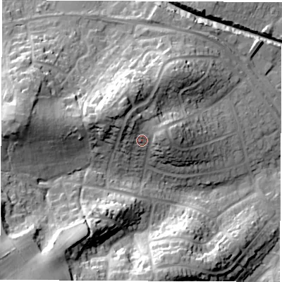 Shaded relief map of the ground around SO455FQ, computed from Environment Agency LiDAR. The ground here sits at about 22 m above sea level and falls 30 m across the surrounding 800 m. Surface water reaching this point runs off ground lying to the north-north-west, 5.4 m higher.