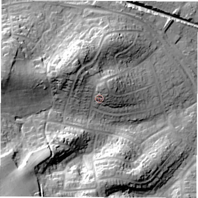 Shaded relief map of the ground around SO455FR, computed from Environment Agency LiDAR. The ground here sits at about 20 m above sea level and falls 31 m across the surrounding 800 m. Surface water reaching this point runs off ground lying to the north-north-east, 6.8 m higher.