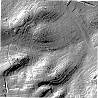 Shaded relief map of the ground around SO455FU, computed from Environment Agency LiDAR. The ground here sits at about 13 m above sea level and falls 36 m across the surrounding 800 m. Surface water reaching this point runs off ground lying to the south-west, 28.7 m higher.