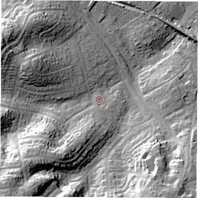 Shaded relief map of the ground around SO455FZ, computed from Environment Agency LiDAR. The ground here sits at about 10 m above sea level and falls 34 m across the surrounding 800 m. Surface water reaching this point runs off ground lying to the south-south-east, 2.1 m higher.