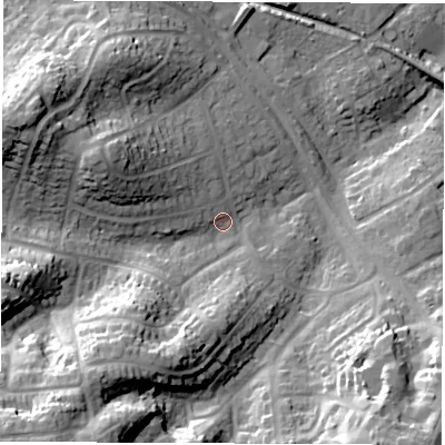 Shaded relief map of the ground around SO455GA, computed from Environment Agency LiDAR. The ground here sits at about 10 m above sea level and falls 33 m across the surrounding 800 m. Surface water reaching this point runs off ground lying to the south-west, 26.2 m higher.
