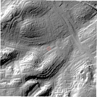 Shaded relief map of the ground around SO455GD, computed from Environment Agency LiDAR. The ground here sits at about 11 m above sea level and falls 36 m across the surrounding 800 m. Surface water reaching this point runs off ground lying to the south-west, 18.1 m higher.