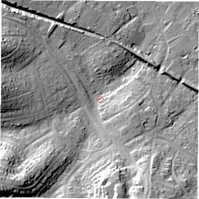 Shaded relief map of the ground around SO455GP, computed from Environment Agency LiDAR. The ground here sits at about 5 m above sea level and falls 29 m across the surrounding 800 m. Surface water reaching this point runs off ground lying to the south-west, 24.9 m higher.