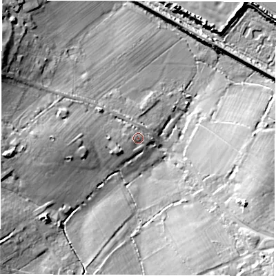 Shaded relief map of the ground around SO455TB, computed from Environment Agency LiDAR. The ground here sits at about 7 m above sea level and falls 15 m across the surrounding 800 m. Surface water reaching this point runs off ground lying to the west, 1.7 m higher.