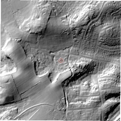 Shaded relief map of the ground around SO455XA, computed from Environment Agency LiDAR. The ground here sits at about 20 m above sea level and falls 29 m across the surrounding 800 m. Surface water reaching this point runs off ground lying to the south, 14.4 m higher.