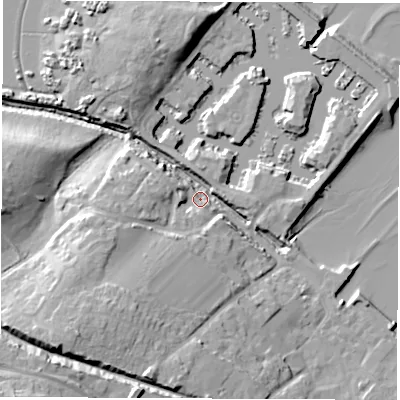 Shaded relief map of the ground around SO456AE, computed from Environment Agency LiDAR. The ground here sits at about 4 m above sea level and falls 21 m across the surrounding 800 m. Surface water reaching this point runs off ground lying to the south-west, 14.7 m higher.