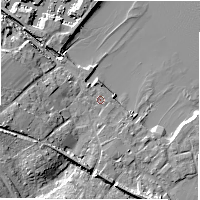 Shaded relief map of the ground around SO456AG, computed from Environment Agency LiDAR. The ground here sits at about 2 m above sea level and falls 14 m across the surrounding 800 m. Surface water reaching this point runs off ground lying to the west-south-west, 9.6 m higher.