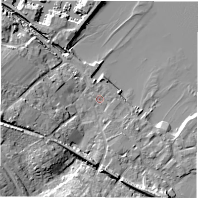 Shaded relief map of the ground around SO456AH, computed from Environment Agency LiDAR. The ground here sits at about 3 m above sea level and falls 15 m across the surrounding 800 m. Surface water reaching this point runs off ground lying to the west-south-west, 9.6 m higher.
