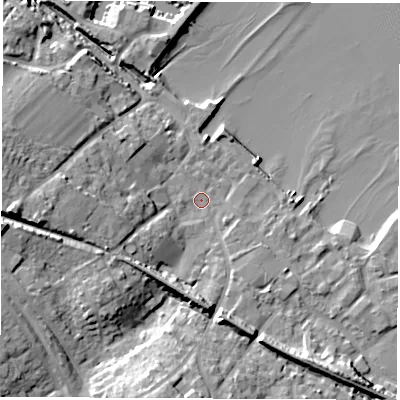 Shaded relief map of the ground around SO456AJ, computed from Environment Agency LiDAR. The ground here sits at about 2 m above sea level and falls 16 m across the surrounding 800 m. Surface water reaching this point runs off ground lying to the south-south-west, 10.4 m higher.