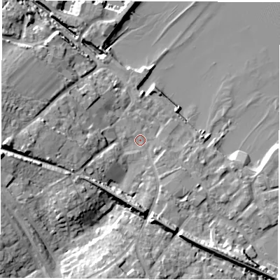 Shaded relief map of the ground around SO456AL, computed from Environment Agency LiDAR. The ground here sits at about 2 m above sea level and falls 16 m across the surrounding 800 m. Surface water reaching this point runs off ground lying to the west, 11.0 m higher.