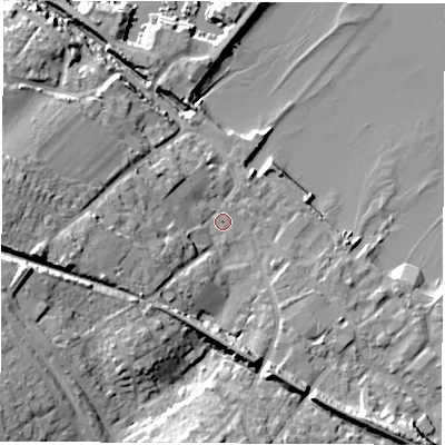 Shaded relief map of the ground around SO456AN, computed from Environment Agency LiDAR. The ground here sits at about 3 m above sea level and falls 16 m across the surrounding 800 m. Surface water reaching this point runs off ground lying to the west-south-west, 11.0 m higher.