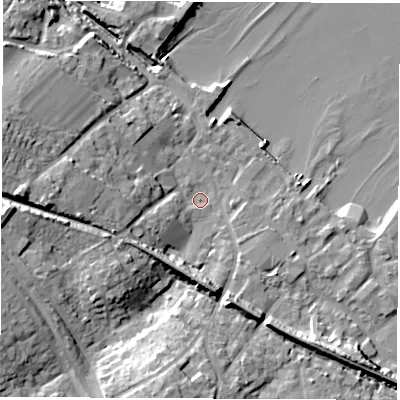 Shaded relief map of the ground around SO456AP, computed from Environment Agency LiDAR. The ground here sits at about 2 m above sea level and falls 16 m across the surrounding 800 m. Surface water reaching this point runs off ground lying to the west, 11.1 m higher.
