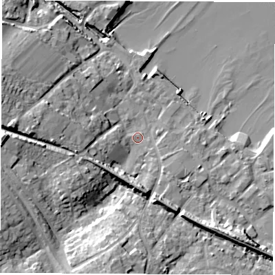 Shaded relief map of the ground around SO456AQ, computed from Environment Agency LiDAR. The ground here sits at about 3 m above sea level and falls 16 m across the surrounding 800 m. Surface water reaching this point runs off ground lying to the west, 11.1 m higher.