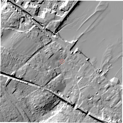 Shaded relief map of the ground around SO456AR, computed from Environment Agency LiDAR. The ground here sits at about 3 m above sea level and falls 16 m across the surrounding 800 m. Surface water reaching this point runs off ground lying to the west, 11.5 m higher.