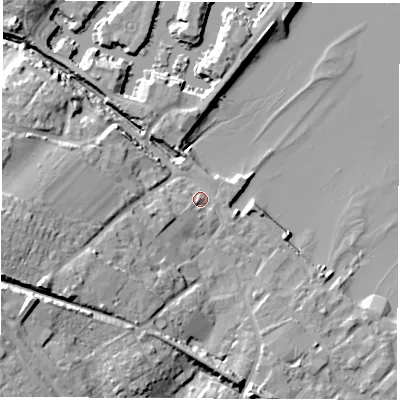Shaded relief map of the ground around SO456AT, computed from Environment Agency LiDAR. The ground here sits at about 4 m above sea level and falls 16 m across the surrounding 800 m. Surface water reaching this point runs off ground lying to the west-south-west, 3.0 m higher.