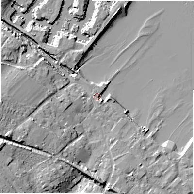 Shaded relief map of the ground around SO456AU, computed from Environment Agency LiDAR. The ground here sits at about 3 m above sea level and falls 16 m across the surrounding 800 m. Surface water reaching this point runs off ground lying to the south-south-east, 0.6 m higher.